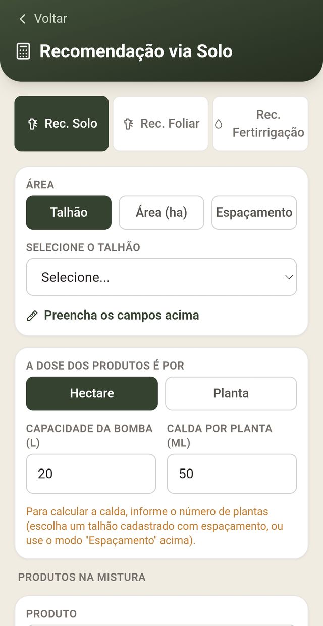 Calculadora de dose com abas Solo, Foliar e Fertirrigação