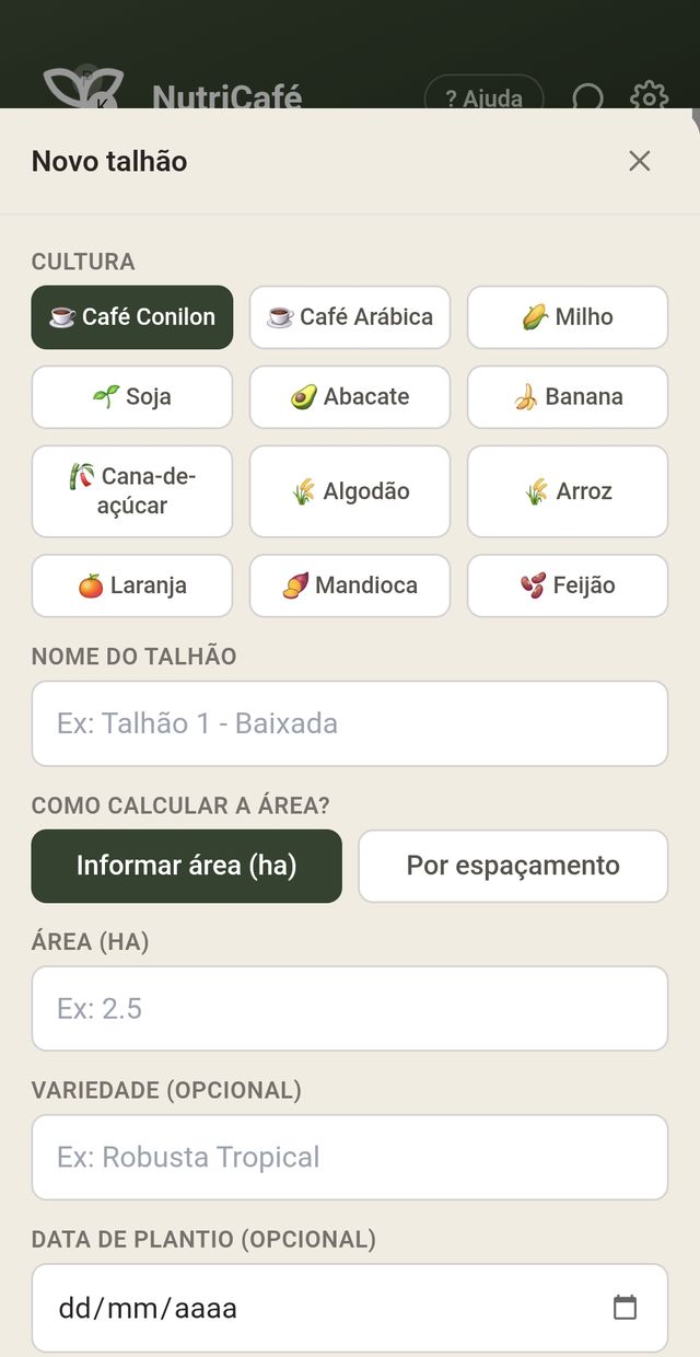 Cadastro de novo talhão com escolha da cultura